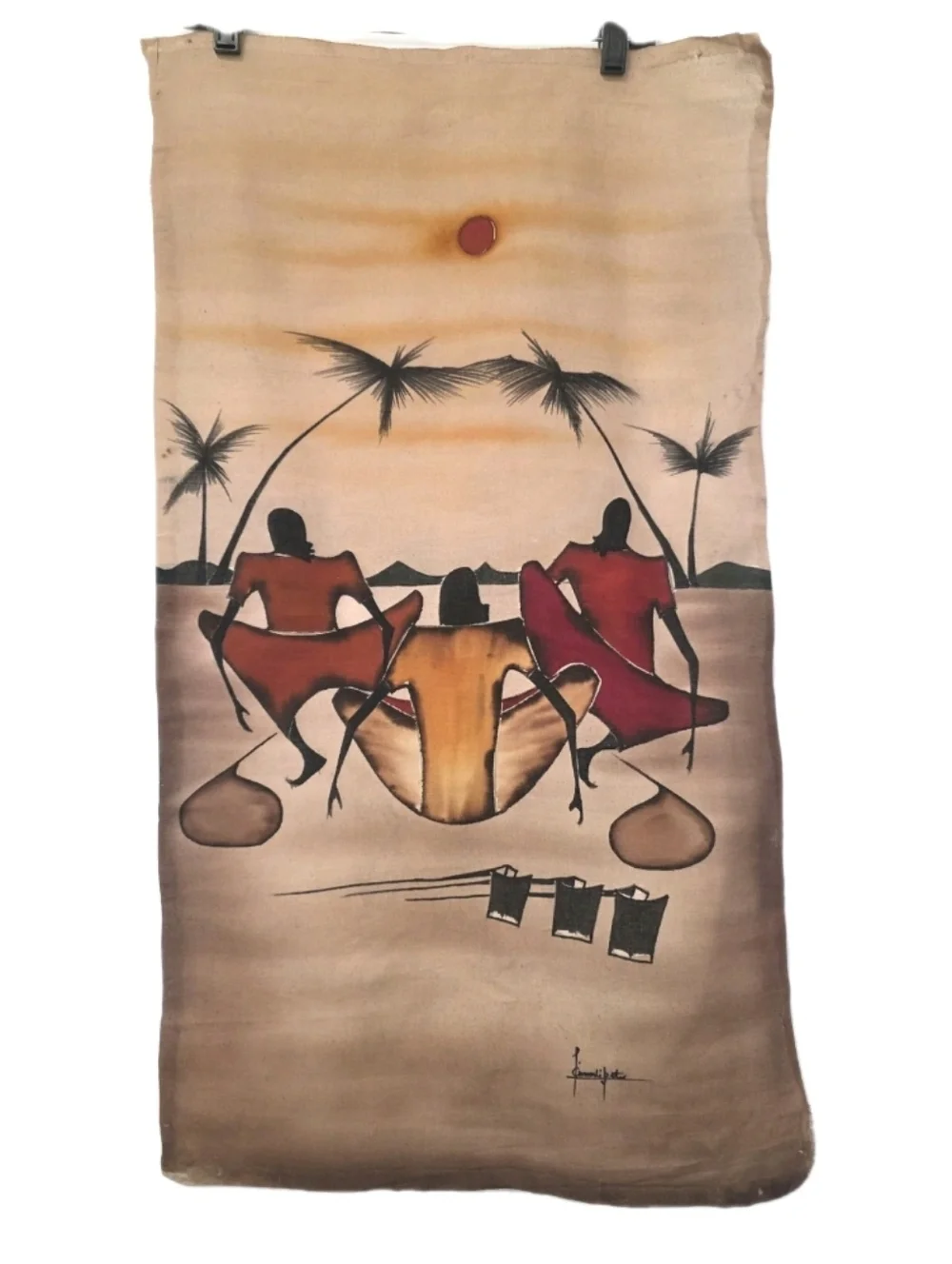 Africian Tanzanian batik painting Wall Decor Maasai sunset scene 18 X 33 Beige